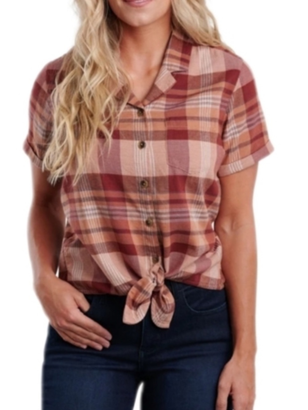 Kuhl Women's Short-Sleeve Plaid Button-Down Shirt in Brown and Tan